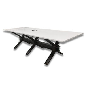 Used 10′ W Industrial Style Conference Table with Power – White  Sleek industrial-style conference table with a white laminate surface and industrial metal base. Equipped with two integrated power boxes for convenient connectivity, this table offers both function and a clean modern look. Perfect for hosting large meetings with comfort and efficiency. White surface conference table Industrial style metal base Includes (2) integrated power boxes for power and charging access Seats 8–10 people comfortably Dimensions: 10′W x 42″D x 29″H Ideal for conference rooms, training spaces, and executive meeting areas.