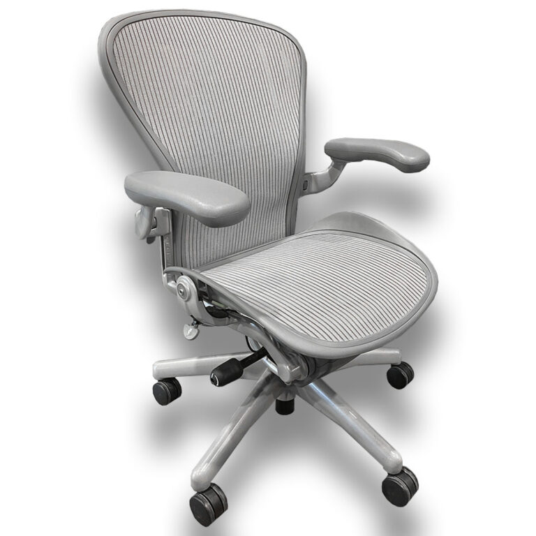 Used Herman Miller Classic Aeron B Task Chair – Mineral Finish This Herman Miller Classic Aeron B chair delivers ergonomic comfort with multiple adjustments to support long hours of work. Designed for performance, it provides personalized seating with essential features for professional use. Classic Adjustable lumbar support Adjustable arms Seat tilt lock Seat height adjustment Aluminum Base Dimensions: Standard Size B Ideal for offices, workstations, and executive environments.