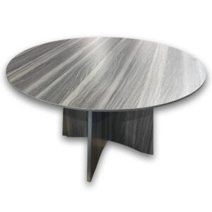 Used 48" Grey Round Meeting Table w/ X-Base A practical meeting table designed for collaboration and small group discussions, featuring a clean grey woodgrain laminate finish and sturdy X-base for stability. 48″ diameter round top Grey woodgrain laminate finish Laminate X-base for support Dimensions: 48″ Diameter x 30″H Perfect for conference rooms, meeting areas, and collaborative workspaces.
