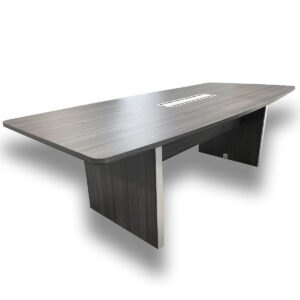 Used Grey 8′ Boat-Shaped Conference Table W/ Power Module A professional conference table designed for collaborative meetings, featuring a clean grey woodgrain laminate finish, integrated power module, and elliptical panel base for stability. Boat-shaped top for comfortable seating Grey woodgrain laminate finish Built-in flip-top power module Elliptical base with silver accents Seats 6–8 people comfortably Dimensions: 93″W x 42″D x 29½″H Perfect for conference rooms, executive spaces, and meeting areas.
