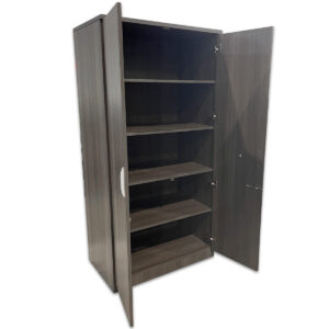 Used 35"W Storage Cabinet In Grey Woodgrain W/ Locking Doors A practical storage cabinet designed for keeping office supplies organized and out of sight, with a clean, modern grey woodgrain laminate finish and adjustable shelves for flexible storage. Grey woodgrain laminate finish Locking double doors Four adjustable shelves Silver curved pull handles Sturdy construction for commercial use Dimensions: 35½″W x 22″D x 71″H Perfect for offices, storage rooms, and shared work areas.