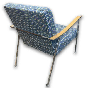 Gallery Used Blue Pattern Lounge Chair W/ Wood Arms and Chrome Frame