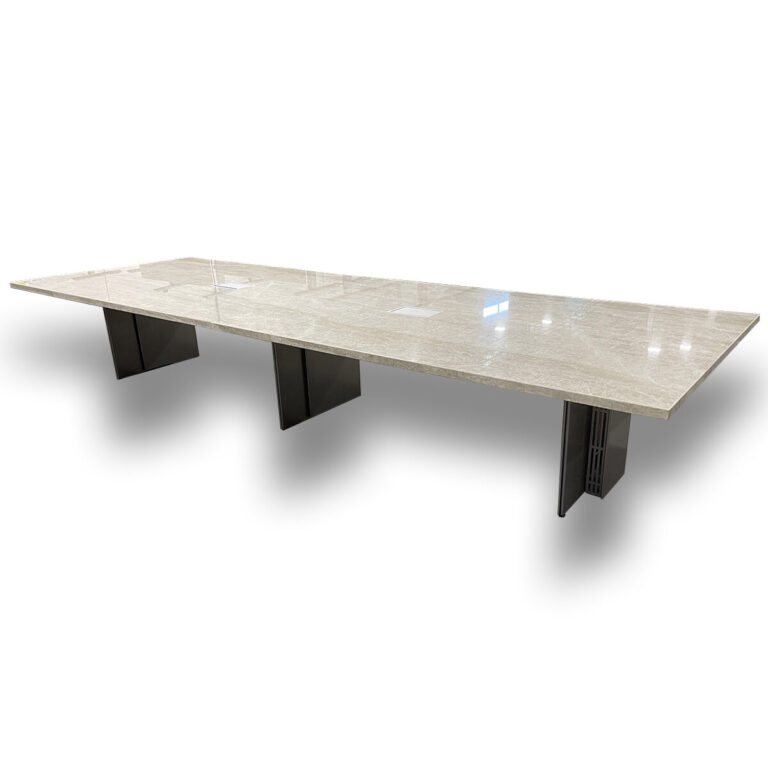 Used 15' Granite Conference Table With Two Power Boxes A granite conference table offers long-lasting strength and a professional presence, making it a smart choice for high-use meeting spaces. The solid surface resists scratches, stains, and daily wear, while the integrated power boxes keep devices connected and meetings efficient. Three gray metal bases for stability Granite top for durability and easy maintenance Includes two integrated power boxes for convenient access to power Dimensions: 180"W x 60"D x 30"H Ideal for offices, executive suites, and collaborative workspaces.