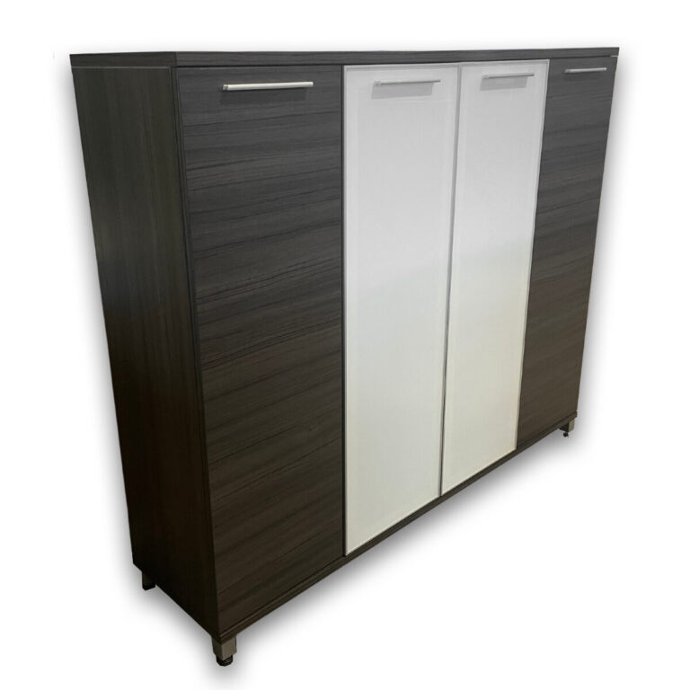 Used 63"W Grey Storage Cabinet With White Glass Doors This storage cabinet features a modern grey woodgrain laminate finish and white glass doors, providing secure and attractive storage for commercial environments. Grey woodgrain laminate construction White glass doors Enclosed storage design Dimensions: 63"W x 16"D x 54"H Perfect for commercial offices, conference rooms, and executive suites.