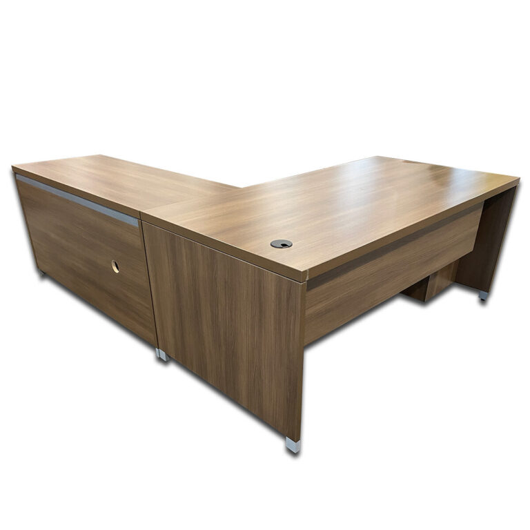 Used 72" W Group Lacasse Modern Walnut L-Shape Desk w/ BBF & Combo File Right-Handed This Group Lacasse L-shape desk in a modern walnut finish provides an efficient workstation with ample surface space and integrated storage. It features a box/box/file pedestal and a combo file including one box/box/file and one lateral file drawer for organized storage. Modern Walnut Laminate Finish Box/Box/File Pedestal Combo File with (1) BBF & (1) Lateral Drawer Metal Handles and Legs Dimensions: Desk: 72"W x 36"D x 29.5"H Return: 60"W x 24"D x 29.5"H Ideal for private offices, executive suites, and professional work environments.
