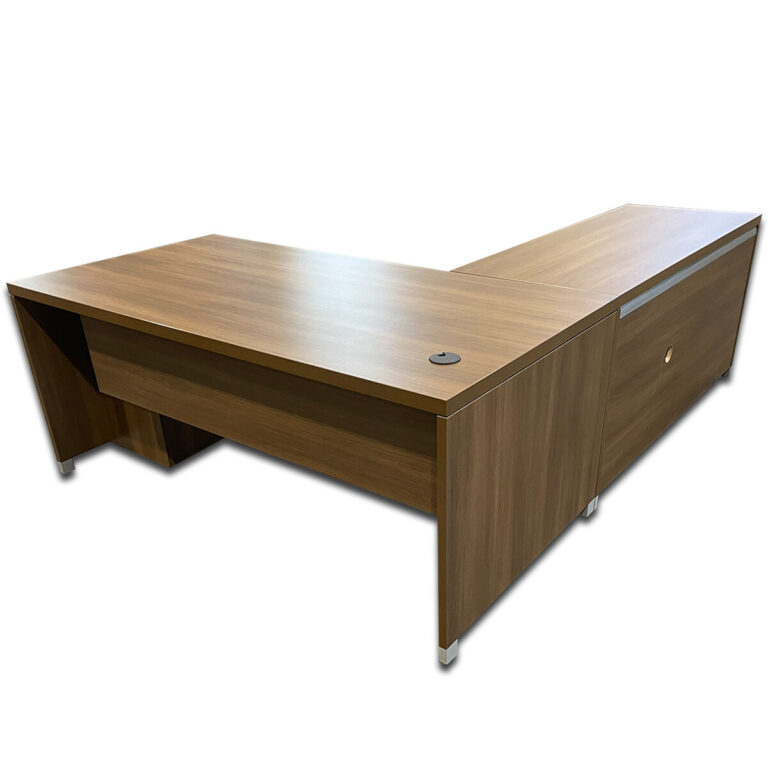 Used 72″ W Group Lacasse Modern Walnut L-Shape Desk w/ BBF & Combo File Left-Handed This Group Lacasse L-shape desk in a modern walnut finish provides an efficient workstation with ample surface space and integrated storage. It features a box/box/file pedestal and a combo file including one box/box/file and one lateral file drawer for organized storage. Modern Walnut Laminate Finish Box/Box/File Pedestal Combo File with (1) BBF & (1) Lateral Drawer Modesty Panel  Metal Handles and Legs Dimensions: Desk: 72″W x 36″D x 29.5″H Return: 60″W x 24″D x 29.5″H Ideal for private offices, executive suites, and professional work environments.