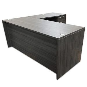 Used 71" W L-Shape Desk W/ Box, Box, File Pedestal In Grey Woodgrain - RH 