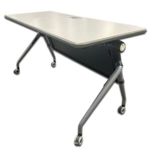 Used 60"W Flip-Top Training Table With Power  This 60-inch flip-top training table combines functionality with space efficiency, perfect for classrooms, training rooms, and collaborative office environments. Integrated power grommet for convenient device charging Flip-top design for compact nesting and easy storage Smooth mobility with locking casters Ganging latches Dimensions: 60"W × 24"D × 29"H Ideal for training rooms, flexible workspaces, and educational environments.
