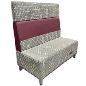 Used 53" W National Fringe High Back Booth With Integrated Power This high-back booth offers comfortable seating with a tall privacy back and a built-in power module for convenient device charging. The patterned upholstery pairs with a burgundy vinyl accent panel, making it a strong fit for commercial lounge areas and collaborative spaces. High-back design for added privacy Built-in power: two outlets plus dual USB ports Patterned fabric upholstery with burgundy vinyl mid-panel Sturdy metal legs Power cord included Overall Dimensions: 53" W x 27" D x 54"H Perfect for lobby areas, collaboration zones, and modern office environments.