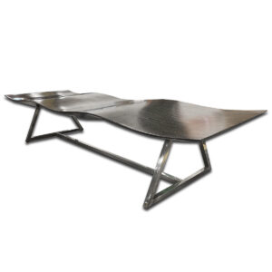 Used 79" W Espresso Woodgrain Top - Metal-Frame Bench  A long, low bench featuring a sculpted wood-grain top and a striking angular steel base. The contoured surface gives it a standout look while keeping it sturdy for commercial use. Contoured Espresso wood-grain top  Angular polished metal frame  Modern low-profile design Dimensions: 79" W x 25" D x 15" H Perfect for lobbies, reception areas, and collaborative spaces.