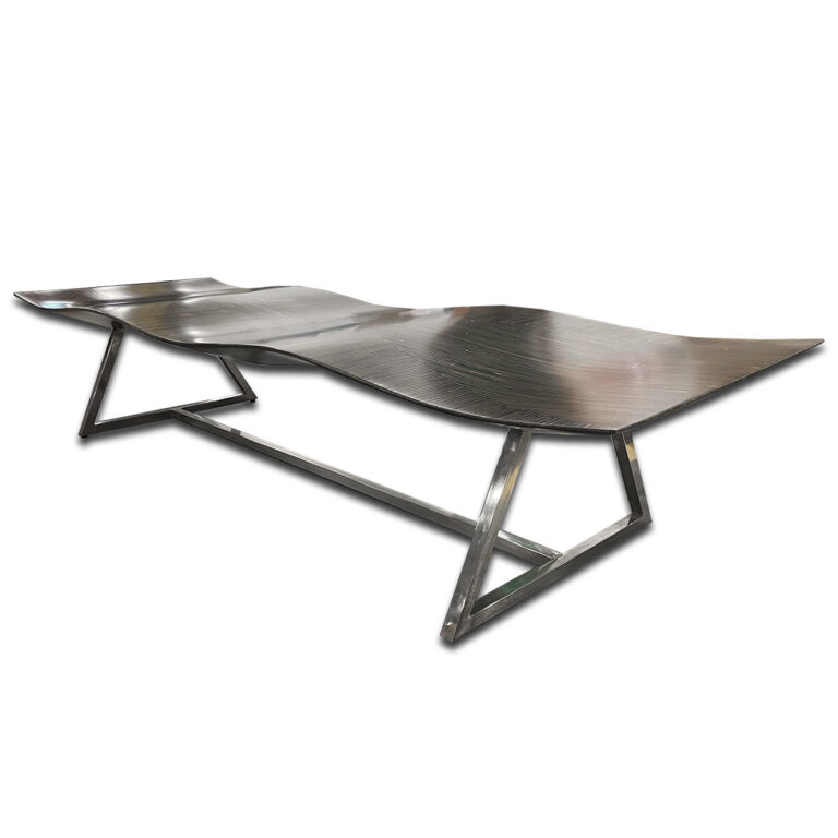 Used 79" W Espresso Woodgrain Top - Metal-Frame Bench  A long, low bench featuring a sculpted wood-grain top and a striking angular steel base. The contoured surface gives it a standout look while keeping it sturdy for commercial use. Contoured Espresso wood-grain top  Angular polished metal frame  Modern low-profile design Dimensions: 79" W x 25" D x 15" H Perfect for lobbies, reception areas, and collaborative spaces.