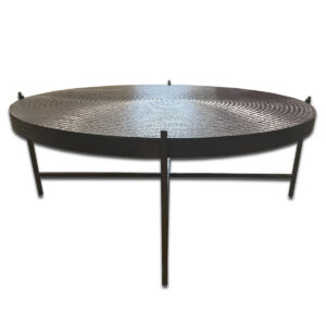Used 40" Black Textured Round Coffee Table This round coffee table features a textured black top with a sturdy metal base, offering reliable surface space for lounge or reception areas. Textured black top with circular pattern Metal base for stable support Low profile height suitable for seating areas Dimensions: 40" Diameter x 15" H Ideal for offices, executive suites, and collaborative workspaces.