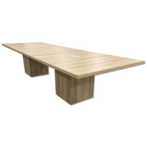 COE 12' W Rectangle Conference Table – American Elm Finish This conference table offers a clean, modern workspace in an American Elm finish, providing a generous surface area for team meetings and collaborative sessions. Two grommets are built in for simple cable pass-through and device management. American Elm laminate top Two integrated grommets for cable routing Sturdy panel bases for stability Seats approximately 10–12 people Dimensions 144" W x 48" D x 29" H Ideal for offices, executive suites, and collaborative workspaces.