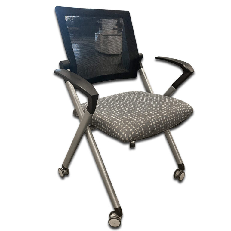 Used Mesh-Back Nesting Chair- Fixed Arms This nesting chair combines comfort, mobility, and practicality, making it perfect for meeting rooms, training areas, and multipurpose spaces. Mesh back promotes airflow for lasting comfort Padded patterned seat upholstery Flip-up seat allows chairs to nest for compact storage Rolling casters for smooth mobility Silver metal frame with integrated armrests Dimensions: 26"W × 18"D × 36"H Ideal for training rooms, collaborative spaces, and flexible office environments.