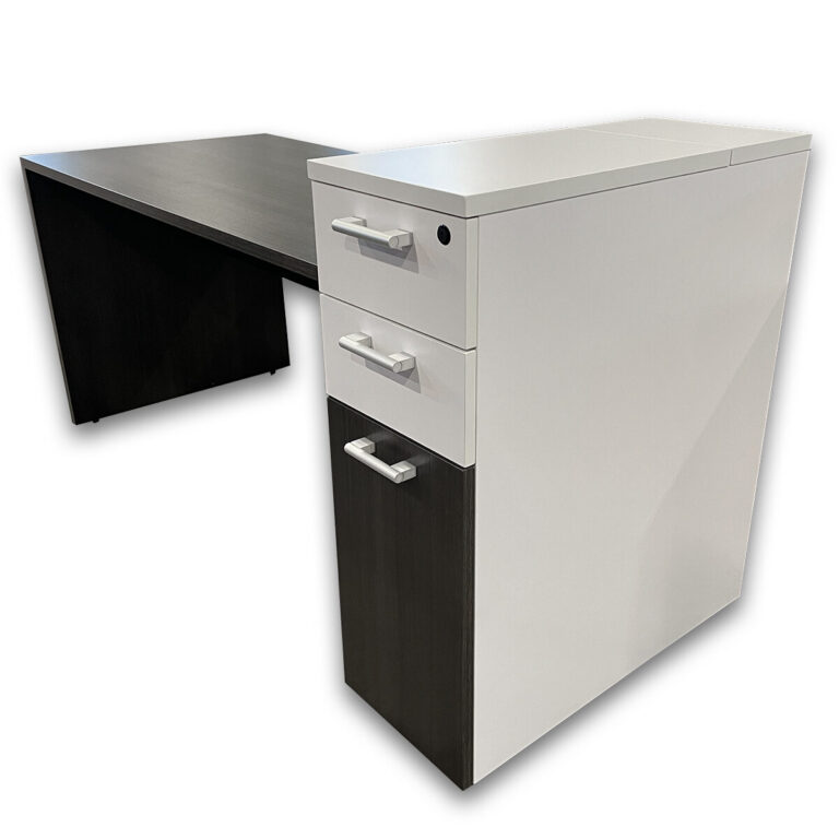 Used 55" W Desk with Personal Storage Cabinet - Grey Woodgrain Compact workstation setup featuring a grey laminate desktop paired with a matching personal storage cabinet. A solid option for individual offices, hoteling areas, or support workstations where space efficiency matters. • Grey laminate desktop • Straight desk configuration • Personal cabinet with white frame and grey drawers • Integrated cable grommet • Locking drawers for secure storage Dimensions: Desk: 55W x 27D x 29.5H Cabinet: 12.75W x 29.5D x 36H Ideal for offices and collaborative workspaces.