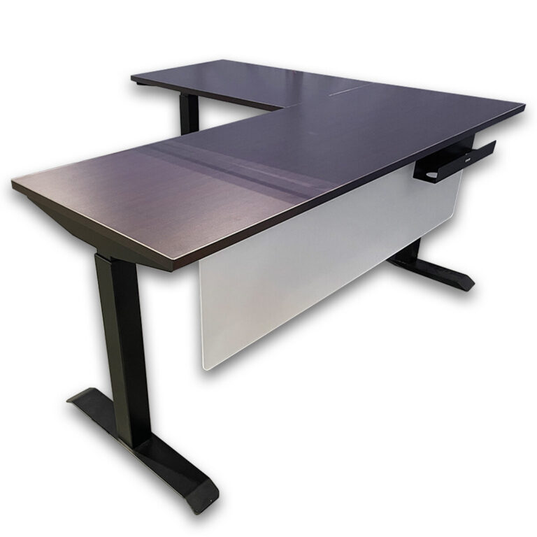 Used 66" W L-Shape Height Adjustable Desk – Espresso Finish This used L-shape height adjustable desk provides an extended work surface with electric height adjustment, making it a strong fit for focused work and multitasking setups. Height adjustable electric base L-shape configuration Espresso finish work surface Black metal legs Modesty panel  Dimensions: Desk: 66"W x 24"D Return: 36"W x 24"D  Perfect for offices, executive suites, and collaborative workspaces.