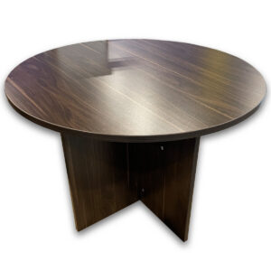 Used 42 Round Table - Walnut Finish This used round table provides a compact meeting or collaboration surface, making it a strong option for small conference rooms, break areas, or touchdown spaces. Round laminate work surface Walnut finish Panel base design Dimensions: 42W x 29 1/2H Ideal for offices, executive suites, and collaborative workspaces.