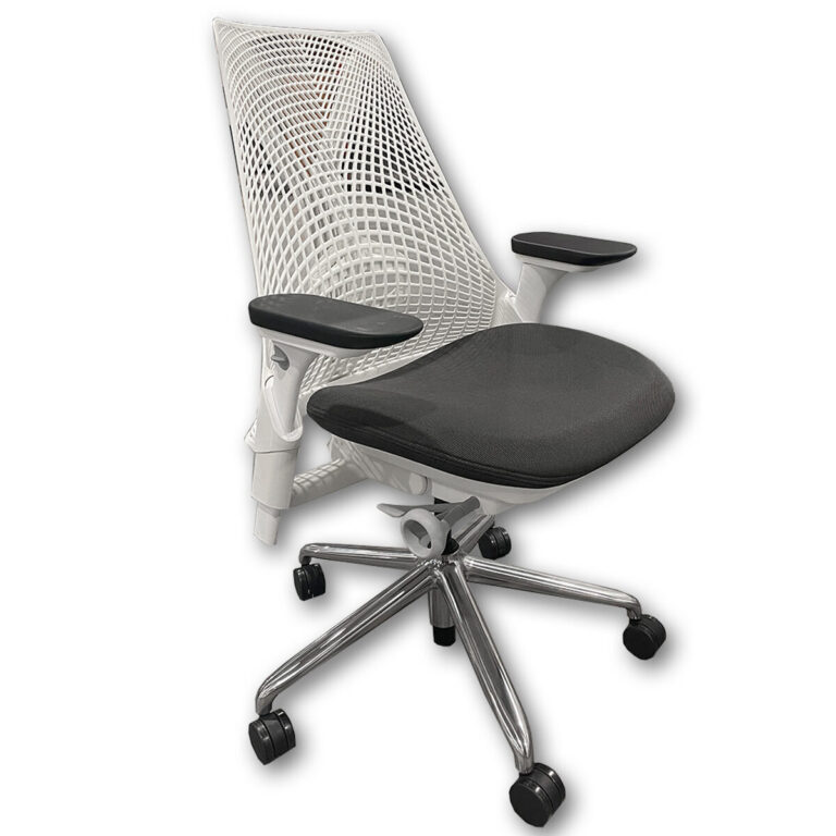 Used Herman Miller Sayl Task Chair - Dark Grey Seat - White Frame  This lightly used Herman Miller Sayl Chair offers dependable everyday seating for professional environments at a practical price point. White polymer back with open suspension design Dark Grey fabric seat Adjustable arms Height adjustable seat Five star base with casters Dimensions: 24" W x 24" D x 34" H Condition: Lightly Used | fully functional. Typical cosmetic wear consistent with normal office use. Ideal for offices, executive suites, and collaborative workspaces.