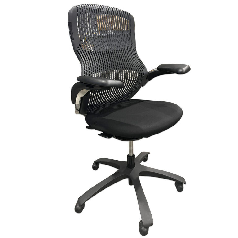 Used Knoll Generation Task Chair in Storm W/ Black Fabric Seat This Generation task chair by Knoll delivers flexible comfort and support, designed to encourage freedom of movement for dynamic workstyles. Introduced in 2009, it pioneers innovative seating that adapts to your preferred posture and motion. 2019 Series Dark frame Storm flex back  Reupholstered Black Fabric Seat High-performance adjustable arms Dimensions: 28" W x 26" x 39-44:H Ideal for modern offices, collaborative workspaces, and agile environments.