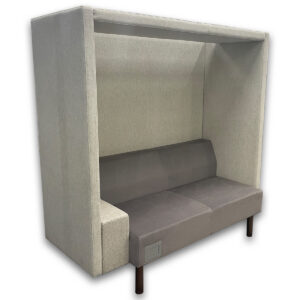 Used 66" W Kimball Upholstered Privacy Booth Seating This enclosed booth provides a quiet, semiprivate space for focused work or small meetings while maintaining a compact footprint. Upholstered privacy booth with integrated seating Silver task light  Beige fabric exterior with gray upholstered seat High back and side panels for visual and acoustic separation Integrated power outlet at seat base Sturdy wood legs Dimensions: 66W x 27D x 69H Ideal for offices, executive suites, and collaborative workspaces.