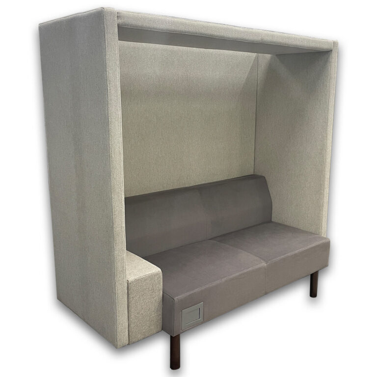 Used 66" W Kimball Upholstered Privacy Booth Seating This enclosed booth provides a quiet, semiprivate space for focused work or small meetings while maintaining a compact footprint. Upholstered privacy booth with integrated seating Silver task light  Beige fabric exterior with gray upholstered seat High back and side panels for visual and acoustic separation Integrated power outlet at seat base Sturdy wood legs Dimensions: 66W x 27D x 69H Ideal for offices, executive suites, and collaborative workspaces.
