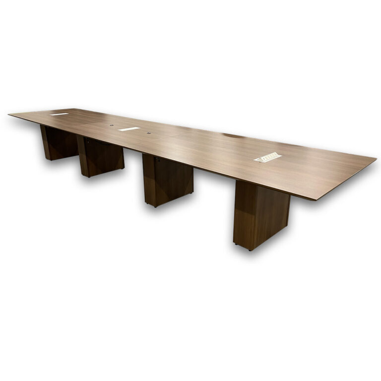 Used 17.5' W Group LaCasse Knife Edge Rectangular Conference Table - Modern Walnut  This modern conference table provides a clean, functional surface for meetings and collaborative work, with integrated power for convenient connectivity. Knife edge rectangular top Integrated power module with outlets and USB ports Panel base design for stability Commercial grade construction Dimensions: 17.5"W x 47.5"D x 30"H Ideal for conference rooms, meeting spaces, and collaborative work areas.