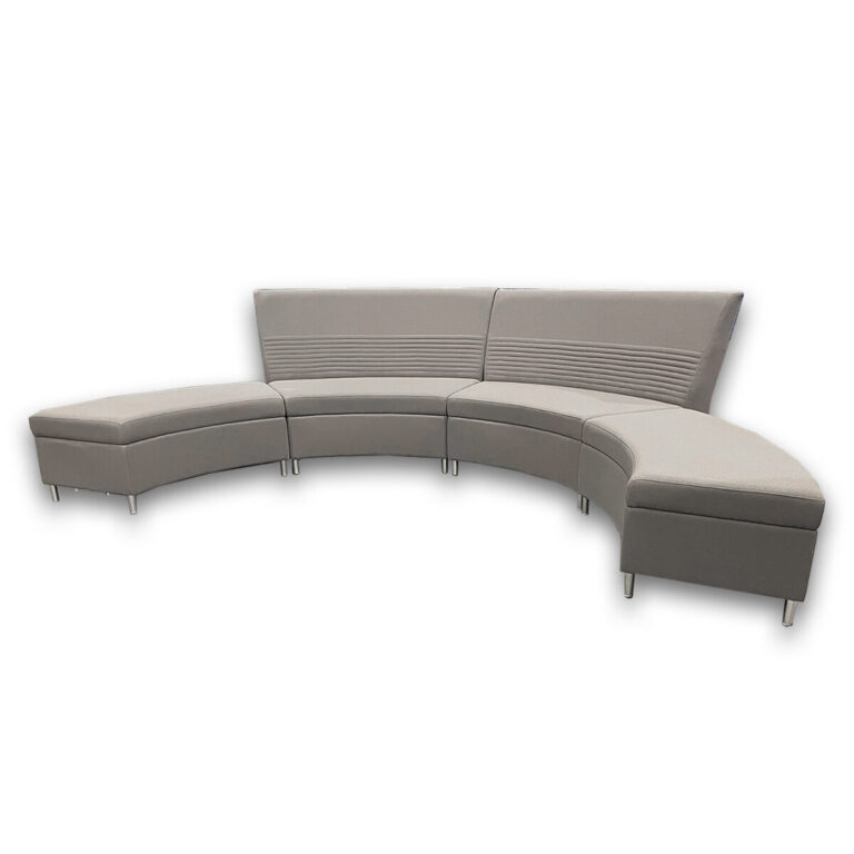 Used Modular Curved Lounge Seating - Grey Pre-owned modular lounge seating set featuring curved bench sections with and without backs, designed to create flexible collaborative or waiting-area layouts at a lower cost than new. Includes (2) curved benches with backs and (2) matching backless curved benches Modular configuration supports multiple layout arrangements Upholstered seating with metal legs for stable placement Suitable for reception areas, lounges, and collaborative spaces Dimensions: Curved benches with back: 55"W × 26"D × 35 1/2"H Curved benches without back: 47"W × 23"D × 16"H Ideal for offices, executive suites, and collaborative workspaces.