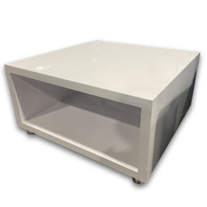 Used 32" W White Laminate Coffee Table - Open Shelf Square laminate coffee table with integrated lower shelf for convenient storage in reception or lounge spaces. White laminate top with clean, smooth surface  Open lower shelf for magazines, décor, or workspace items Square design fits easily into lounge or waiting areas Metal leveler feet for stable placement Dimensions: 32"W x 32"D x 17 1/2"H Ideal for offices, executive suites, and collaborative workspaces.