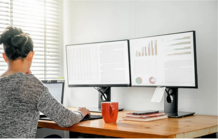 Office work setup with dual monitors