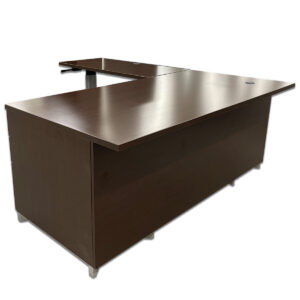 Used National Epic 72″ W L-Shape Desk W/ 48″ W Sit-Stand Hand-Crank Return – Espresso – Left-Handed Complete workstation setup in espresso finish featuring both fixed and height-adjustable surfaces. Includes integrated storage and wire management to support productivity in any modern workspace. 72″ W desk with fixed-height surface 48″ W sit-stand hand-crank return with cable management Fixed box/box/file pedestal with gray pull handles Lower storage cubby beneath the desk Gray metal feet for modern contrast Dimensions: Desk: 72″W x 30″D x 30″H Return: 48″W x 24″D x Adjustable Height (manual hand-crank) Ideal for executive offices, open workstations, or private suites.