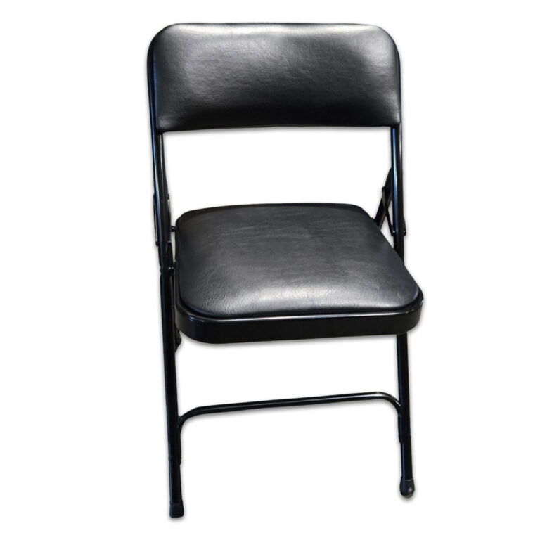 Used Black Folding Chair with Vinyl Seat & Back This folding chair features a black vinyl seat and back, providing a lightweight and functional seating solution for temporary or flexible seating needs. Black vinyl seat and back Folding design for easy storage and transport Metal frame for stability Dimensions: 19"W x 16"D x 29"H Perfect for training rooms, event spaces, and break areas.