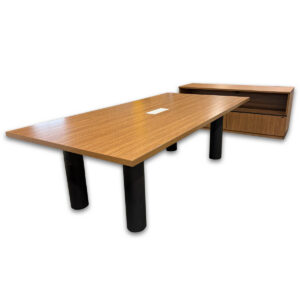 Used Group Lacasse 94.5" W Conference Table W/ Matching Credenza Complete conference setup designed for meetings, presentations, and team collaboration. This Group Lacasse set pairs a large conference surface with a functional credenza, giving you workspace and storage in one clean configuration. Group Lacasse commercial conference table and credenza set Large 94.5" wide worksurface supports team meetings and group seating Modern walnut laminate top with black cylindrical legs Integrated power module in table for easy device connectivity Sturdy leg base provides open seating and comfortable legroom Matching credenza offers enclosed storage for supplies and equipment Open shelf on credenza for quick access items or display Grommet openings on credenza for cable management and clean setup Dimensions: Conference Table: 94.5"W x 47.5"D x 29.5"H Credenza: 71.5"W x 21.5"D x 29.5"H Ideal for offices, executive suites, and collaborative workspaces.