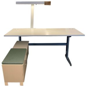 Allsteel 60″ W Height Adjustable Desk W/ Blue Cushion LH Fixed Storage Credenza Bundle