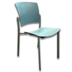 Used Coalesse Blue Stacking Breakroom Chair With Grey Metal Frame This stackable breakroom chair features a comfortable blue seat and back with a durable grey metal frame. The armless design makes it easy to stack and store when not in use, freeing up valuable space. Blue seat and back Armless design for easy stacking Grey metal frame  Dimensions: 19"W x 22"D x 34"H Ideal for breakrooms, training rooms, and flexible seating areas where space-saving storage is important.
