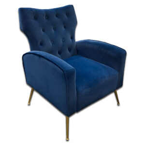 Used Dark Blue Suede Accent Chair This chair features dark blue suede upholstery with button-tufted detailing and gold metal legs. Its compact size and bold color make it ideal for lounge areas or offices seeking comfortable, standout seating. Dark blue suede upholstery Button-tufted backrest Gold metal legs Supportive cushioned seat Dimensions: 28"W x 29"D x 29"H Perfect for offices, reception areas, or living spaces.
