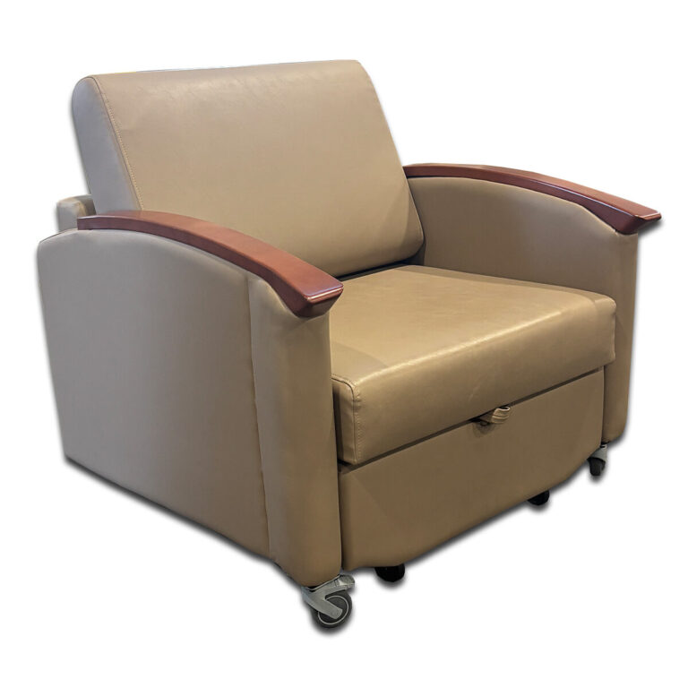Used 38" W Light Brown Recliner Chair with Footrest This single-person recliner chair features a light brown vinyl seat with wooden arm accents and a built-in footrest for added comfort. Mounted on casters, it provides easy mobility and is designed for both comfort and practicality. Light brown vinyl upholstery Wood arm accents Built-in pull tab footrest Casters for mobility Dimensions: 38"W x 40"D x 38"H Perfect for office lounges, medical settings, or residential relaxation areas.